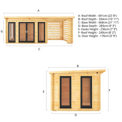 Mercia 7m x 3m Studio Pent Log Cabin With Slatted Area - 44mm (UPVC Windows & Door) - Grey Log Cabin