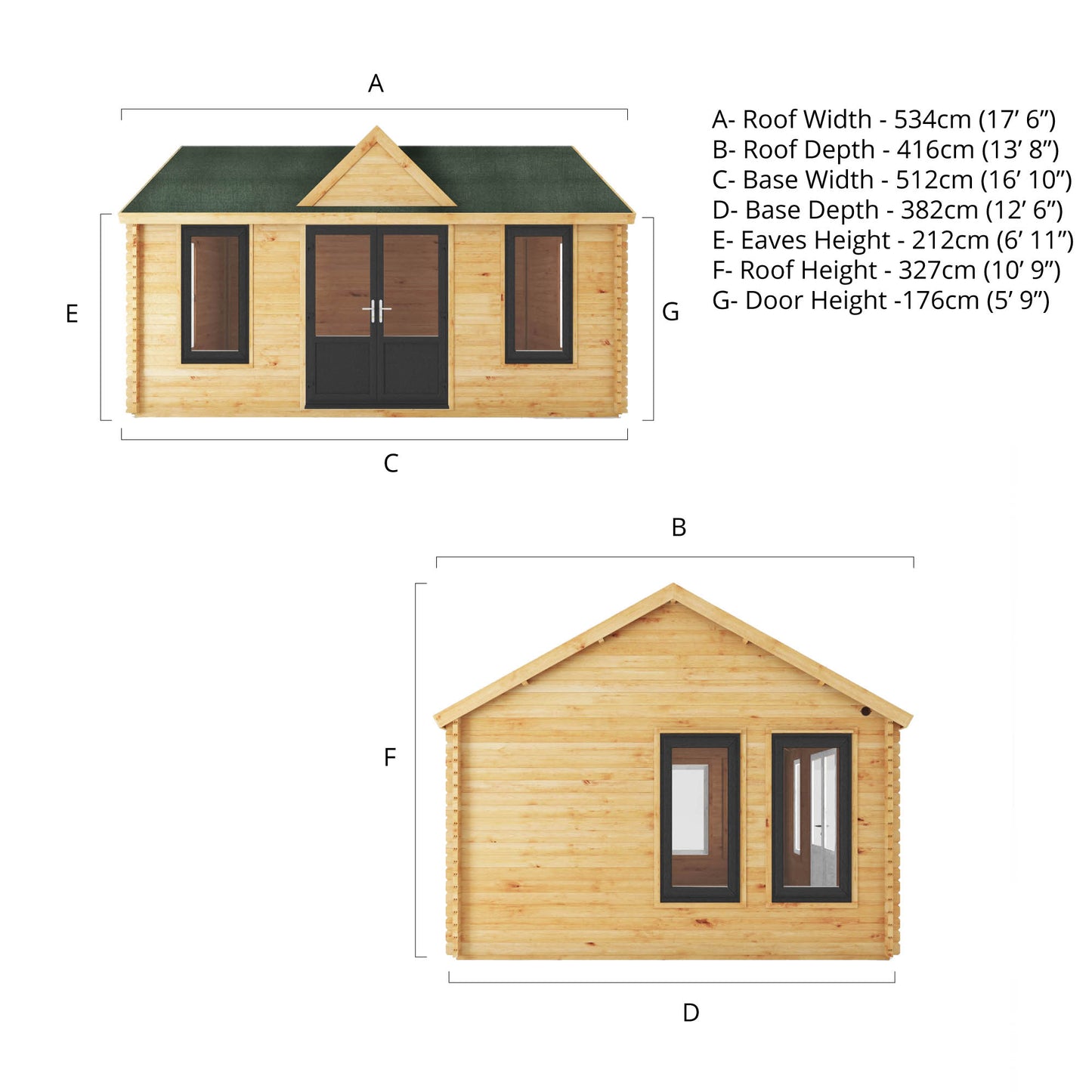 Mercia 5.3m x 4m Clock Tower Log Cabin - 44mm (UPVC Windows & Door) - Grey Log Cabin