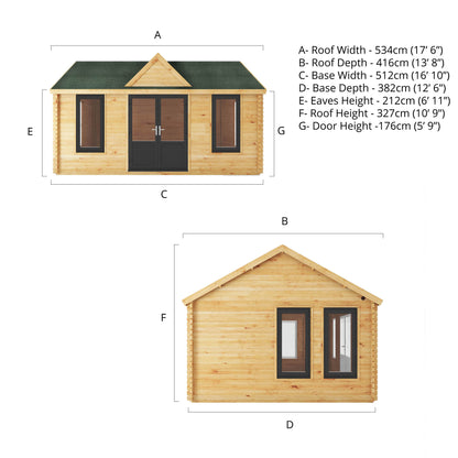 Mercia 5.3m x 4m Clock Tower Log Cabin - 44mm (UPVC Windows & Door) - Grey Log Cabin