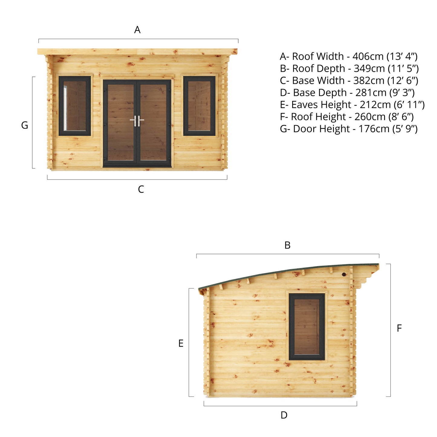 Mercia 4m x 3m Curved Roof Log Cabin - 44mm (UPVC Windows & Door) - Grey Log Cabin