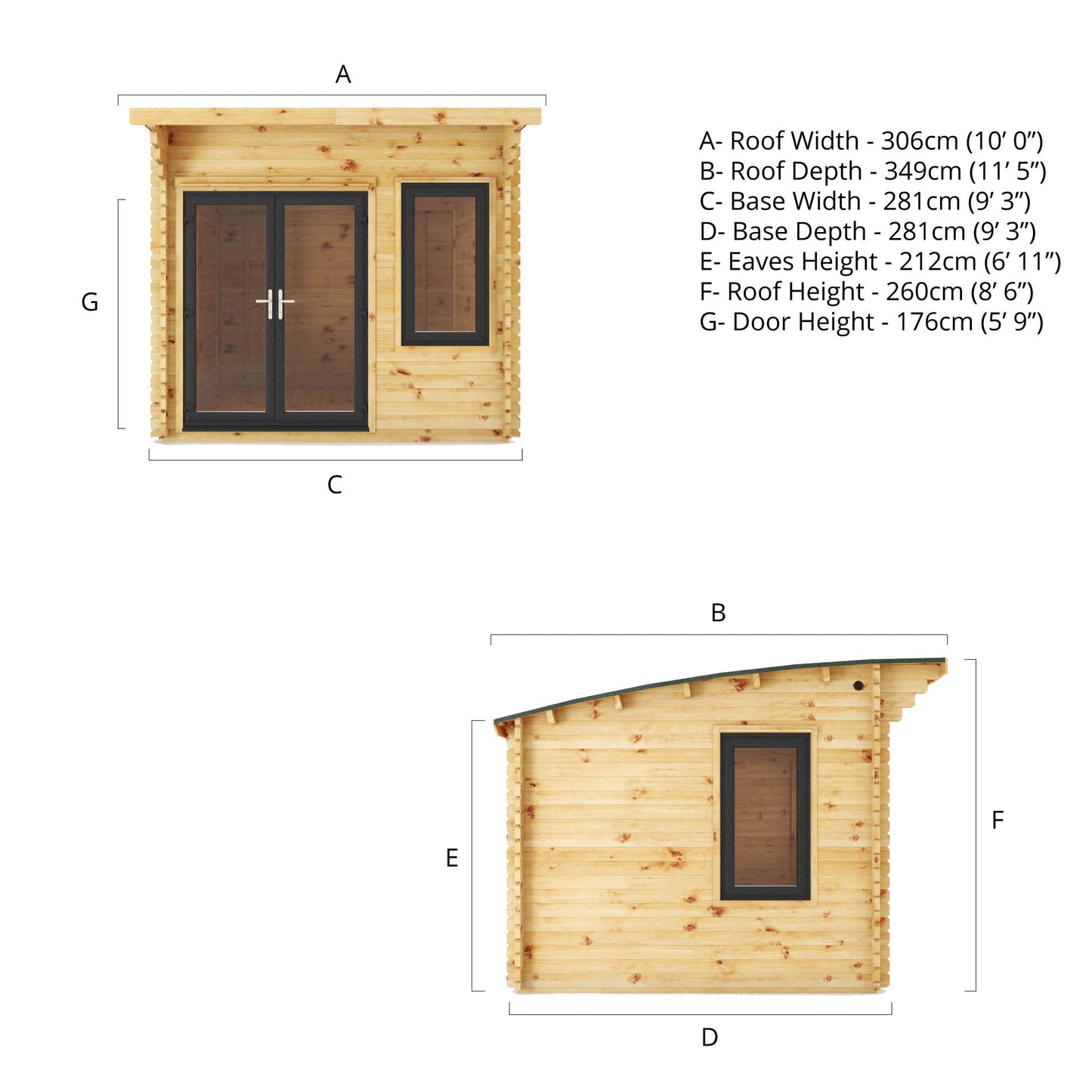 Mercia 3m x 3m Curved Roof Log Cabin - 44mm (UPVC Windows & Door) - Grey Log Cabin