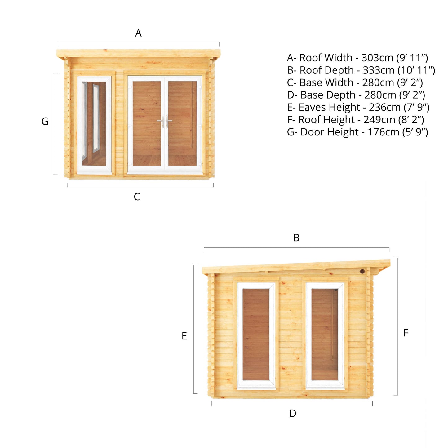 Mercia 3m x 3m Studio Pent Log Cabin - 44mm - (UPVC Windows & Doors) - White Log Cabin