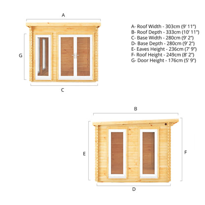 Mercia 3m x 3m Studio Pent Log Cabin - 44mm - (UPVC Windows & Doors) - White Log Cabin