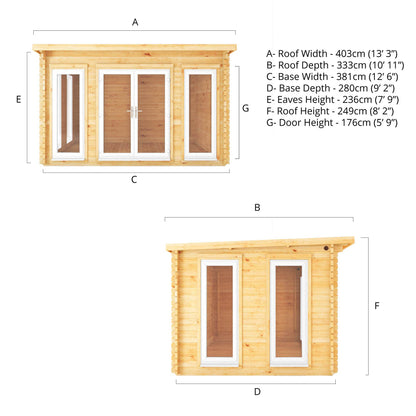 Mercia 4m x 3m Studio Pent Log Cabin - 44mm (UPVC Windows & Door) - White Log Cabin