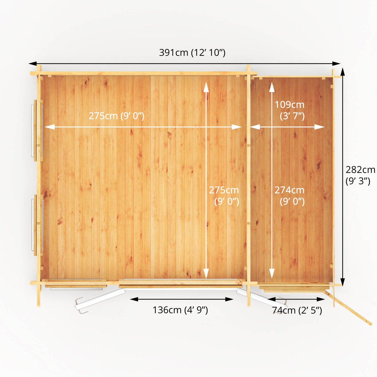 Mercia 4.1m x 3m Studio Pent Log Cabin With Side Shed - 44mm  (UPVC Windows & Door) - White Log Cabin