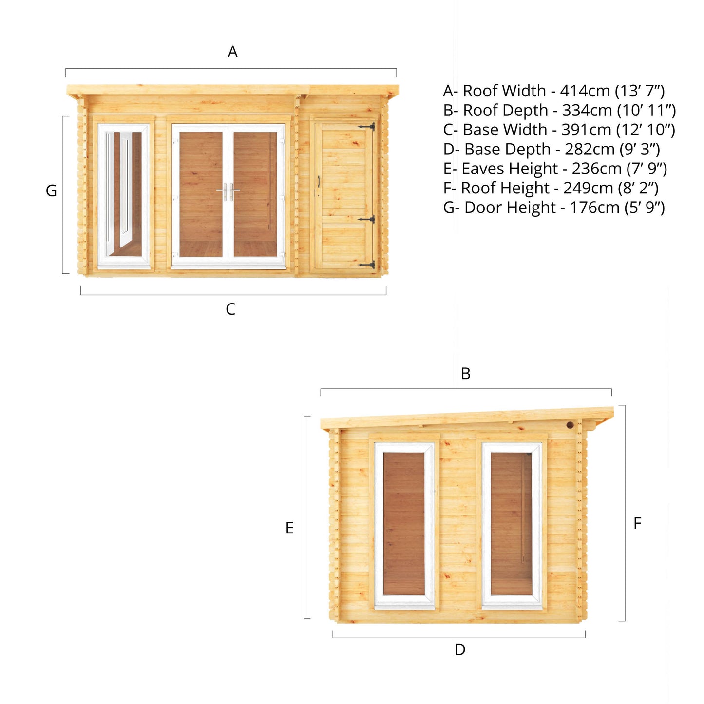 Mercia 4.1m x 3m Studio Pent Log Cabin With Side Shed - 44mm  (UPVC Windows & Door) - White Log Cabin