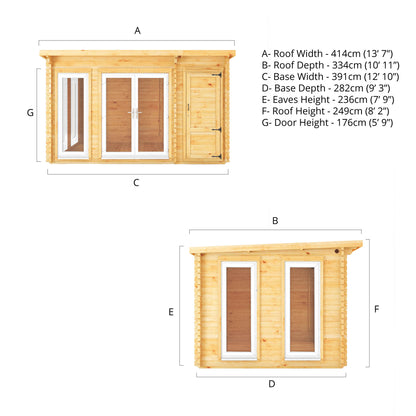 Mercia 4.1m x 3m Studio Pent Log Cabin With Side Shed - 44mm  (UPVC Windows & Door) - White Log Cabin