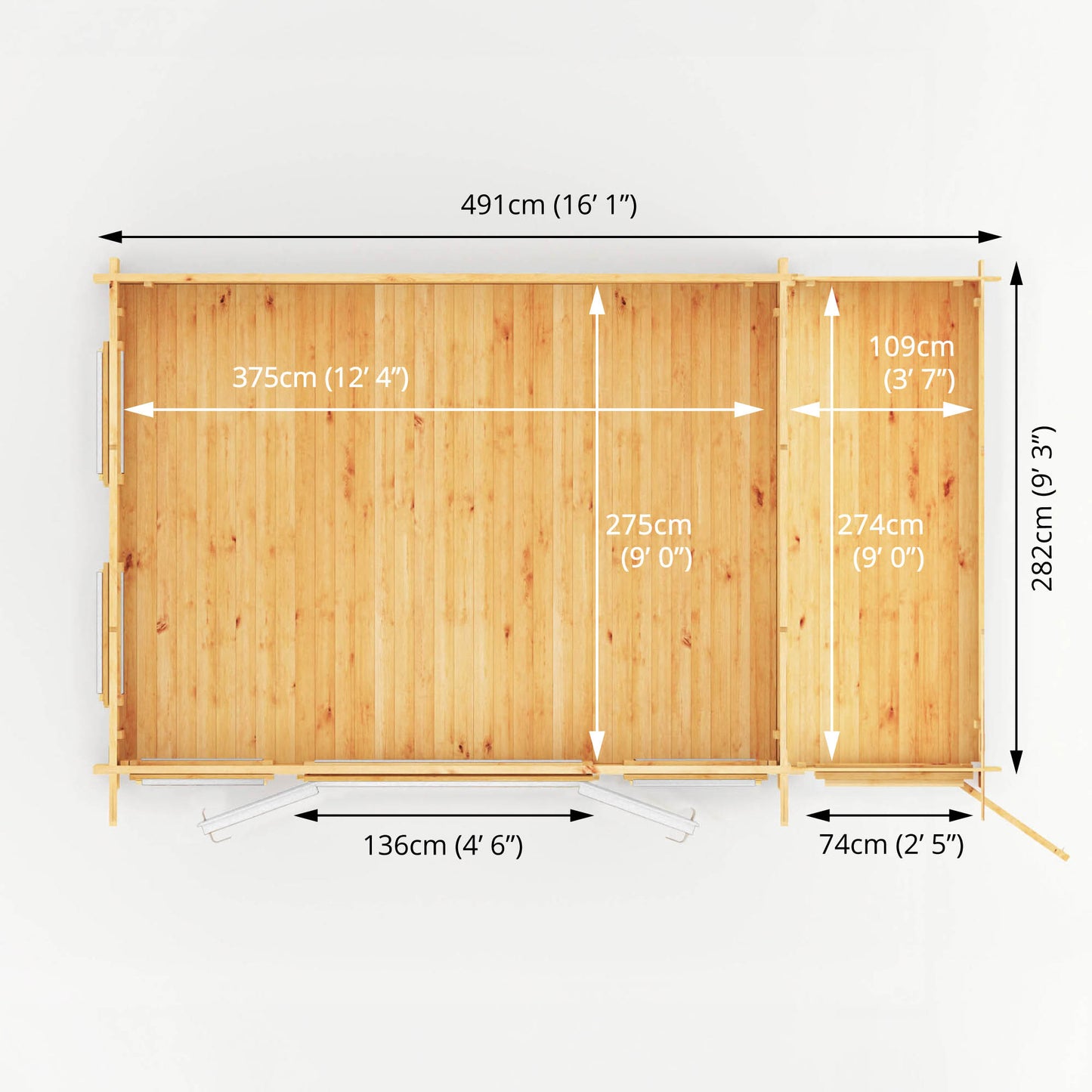 Mercia 5.1m x 3m Studio Pent Log Cabin With Side Shed - 44mm  (UPVC Windows & Door) - White Log Cabin