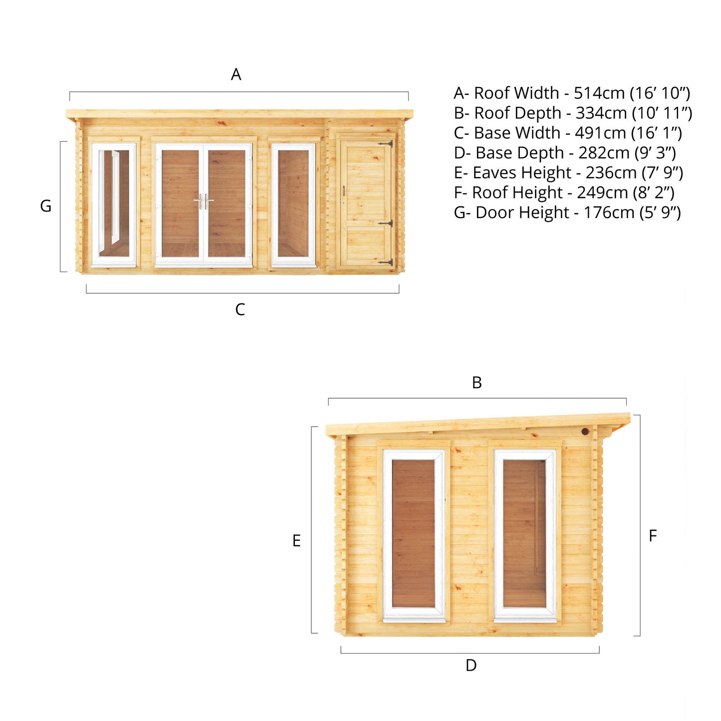 Mercia 5.1m x 3m Studio Pent Log Cabin With Side Shed - 44mm  (UPVC Windows & Door) - White Log Cabin