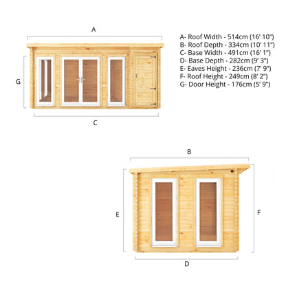 Mercia 5.1m x 3m Studio Pent Log Cabin With Side Shed - 44mm  (UPVC Windows & Door) - White Log Cabin