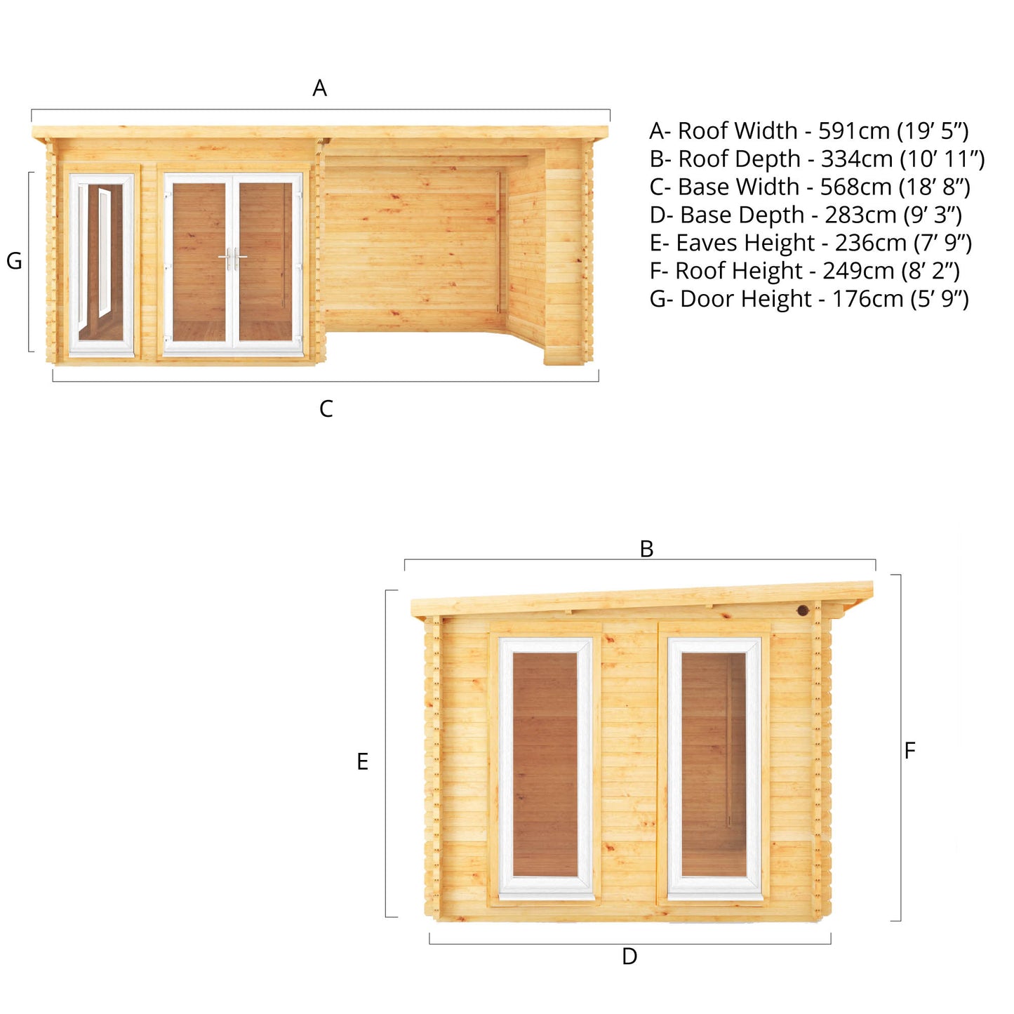 Mercia 6m x 3m Studio Pent Log Cabin With Patio Area - 44mm (UPVC Windows & Door) - White Log Cabin