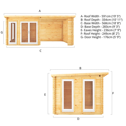 Mercia 6m x 3m Studio Pent Log Cabin With Patio Area - 44mm (UPVC Windows & Door) - White Log Cabin