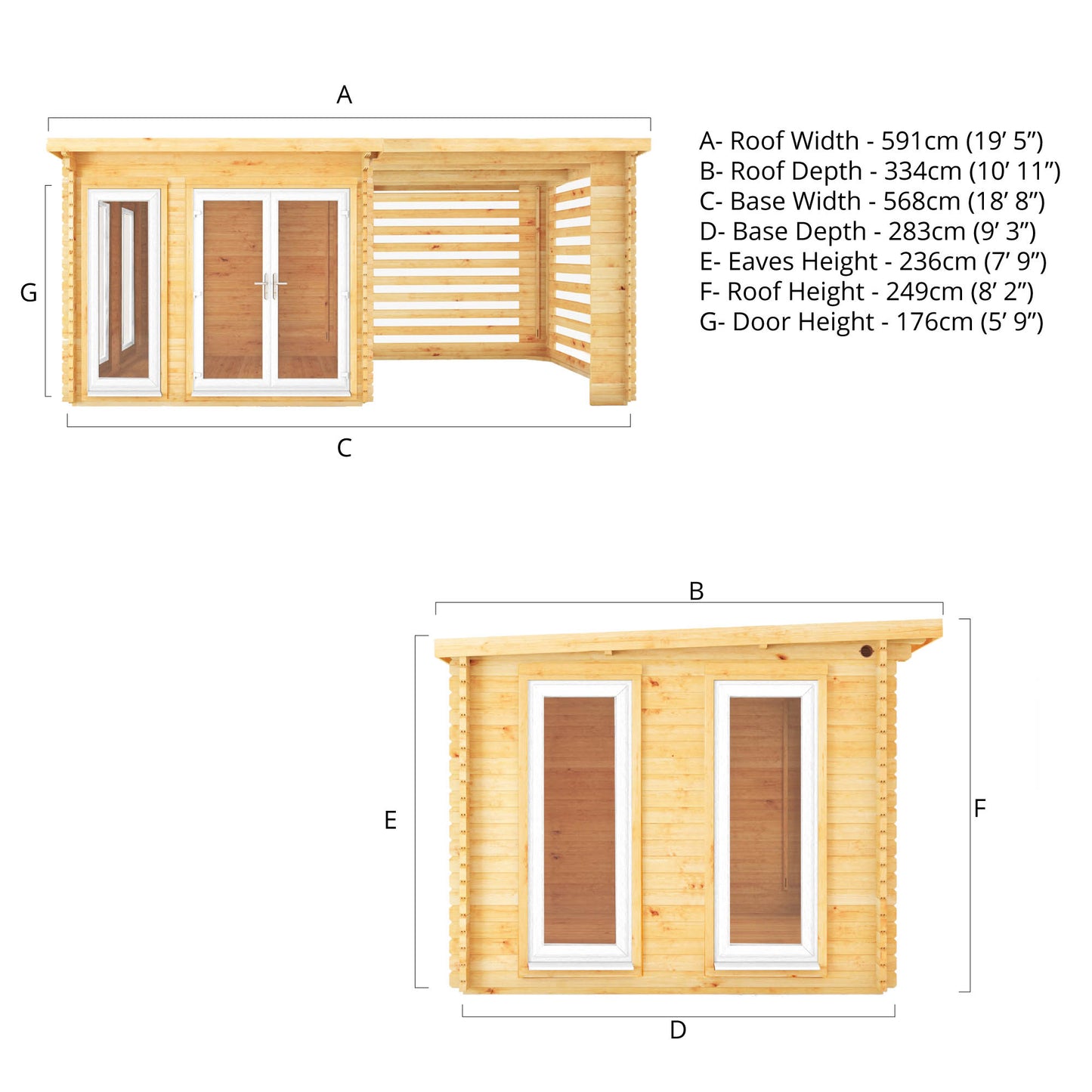 Mercia 6m x 3m Studio Pent Log Cabin With Slatted Area - 44mm (UPVC Windows & Door) - White Log Cabin