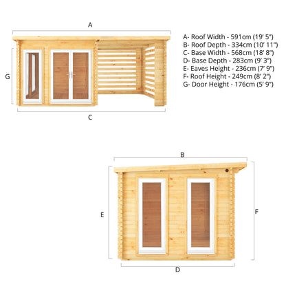 Mercia 6m x 3m Studio Pent Log Cabin With Slatted Area - 44mm (UPVC Windows & Door) - White Log Cabin