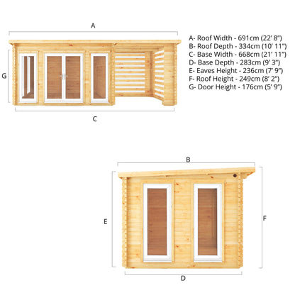 Mercia 7m x 3m Studio Pent Log Cabin With Slatted Area - 44mm (UPVC Windows & Door) - White Log Cabin