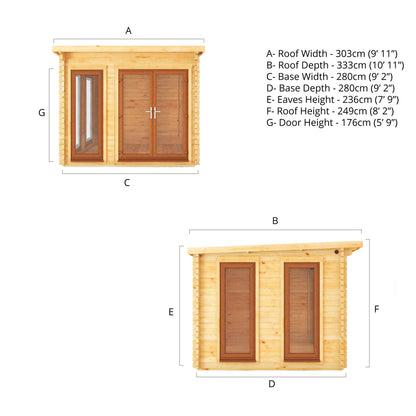 Mercia 3m x 3m Studio Pent Log Cabin - 44mm - (UPVC Windows & Doors) - Oak Log Cabin