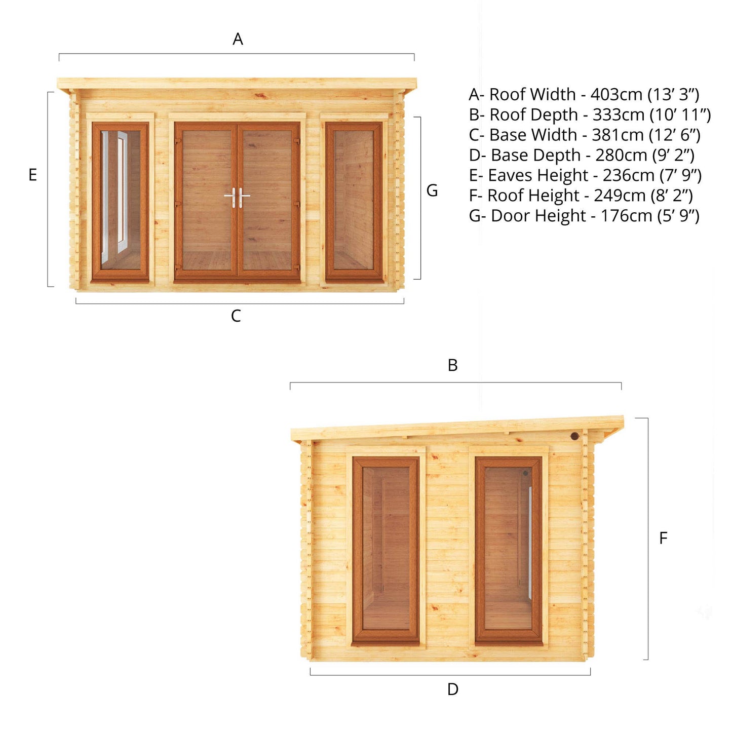 Mercia 4m x 3m Studio Pent Log Cabin - 44mm (UPVC Windows & Door) - Oak Log Cabin