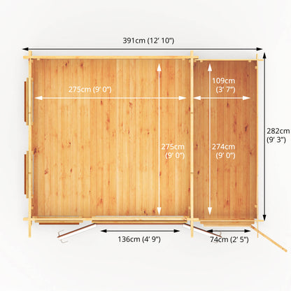 Mercia 4.1m x 3m Studio Pent Log Cabin With Side Shed - 44mm  (UPVC Windows & Door) - Oak Log Cabin