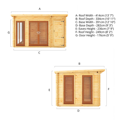 Mercia 4.1m x 3m Studio Pent Log Cabin With Side Shed - 44mm  (UPVC Windows & Door) - Oak Log Cabin