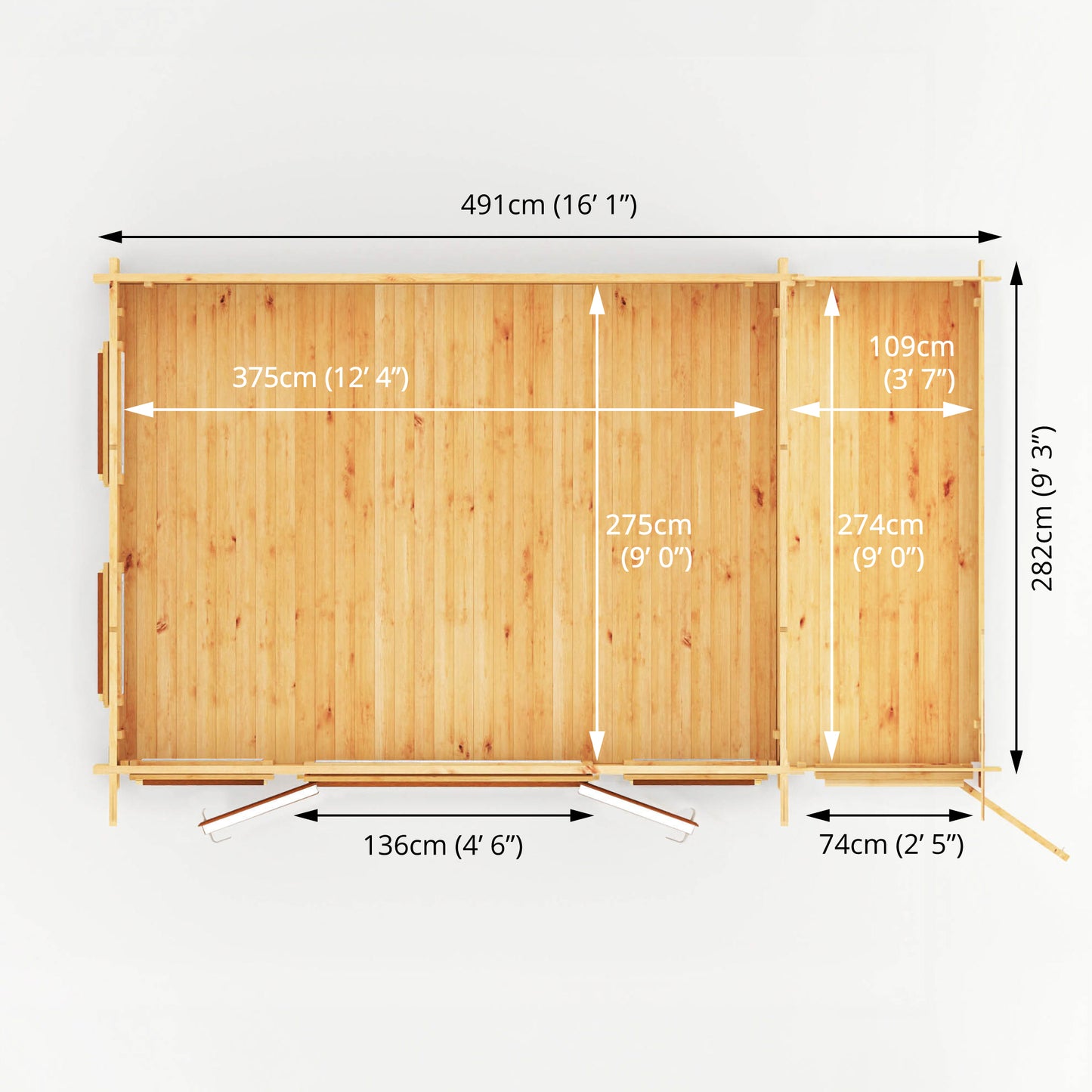 Mercia 5.1m x 3m Studio Pent Log Cabin With Side Shed - 44mm  (UPVC Windows & Door) - Oak Log Cabin