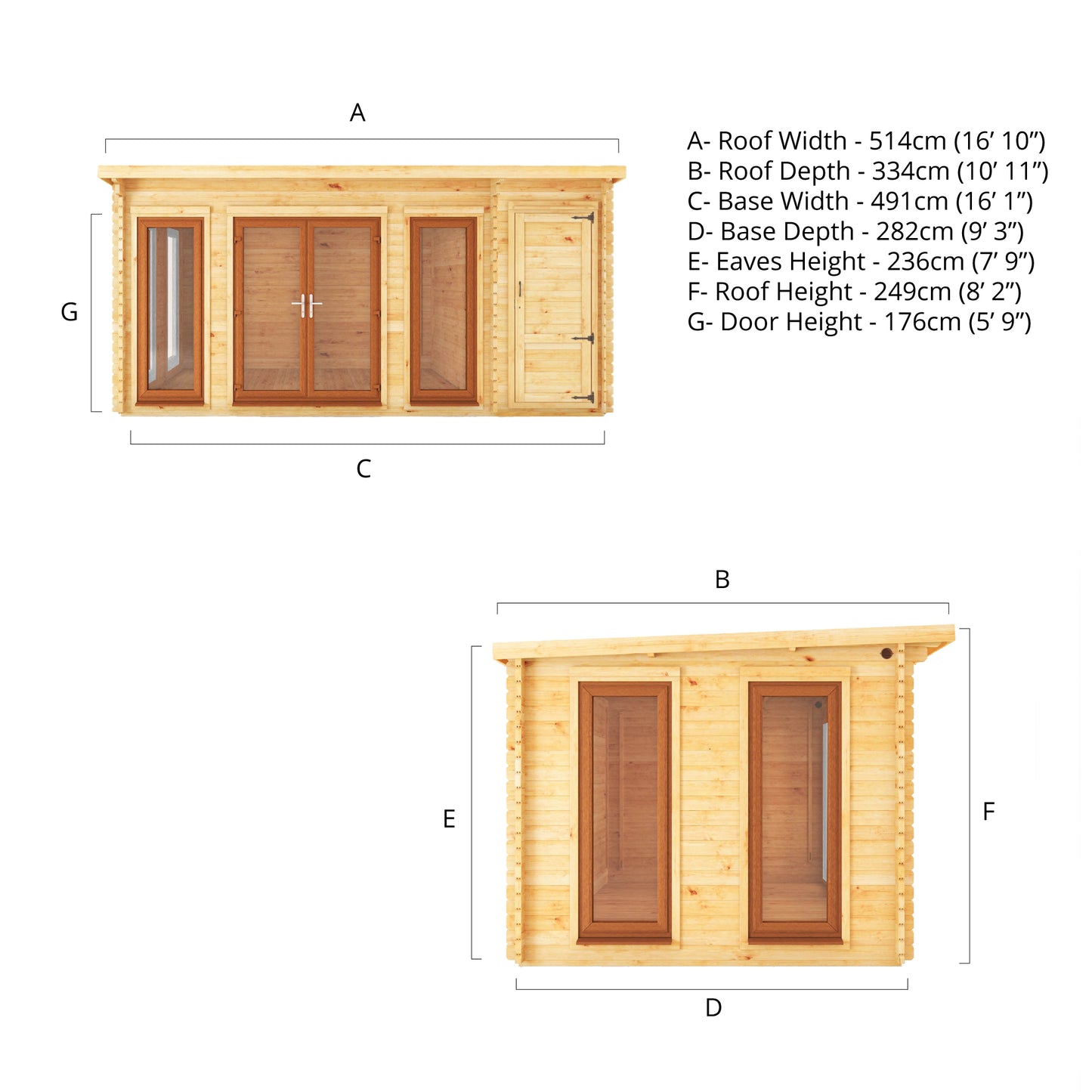 Mercia 5.1m x 3m Studio Pent Log Cabin With Side Shed - 44mm  (UPVC Windows & Door) - Oak Log Cabin