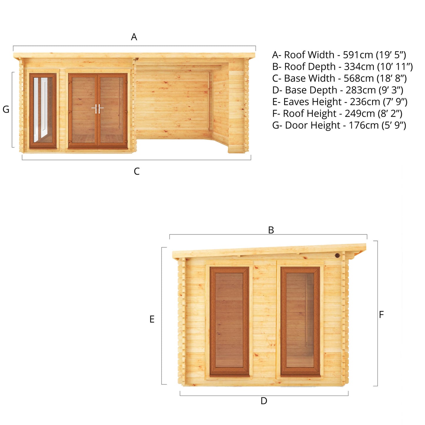 Mercia 6m x 3m Studio Pent Log Cabin With Patio Area - 44mm (UPVC Windows & Door) - Oak Log Cabin