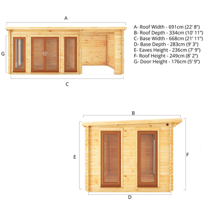 Mercia 7m x 3m Studio Pent Log Cabin With Patio Area - 44mm (UPVC Windows & Door) - Oak Log Cabin