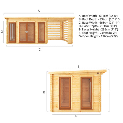 Mercia 7m x 3m Studio Pent Log Cabin With Slatted Area - 44mm (UPVC Windows & Door) - Oak Log Cabin