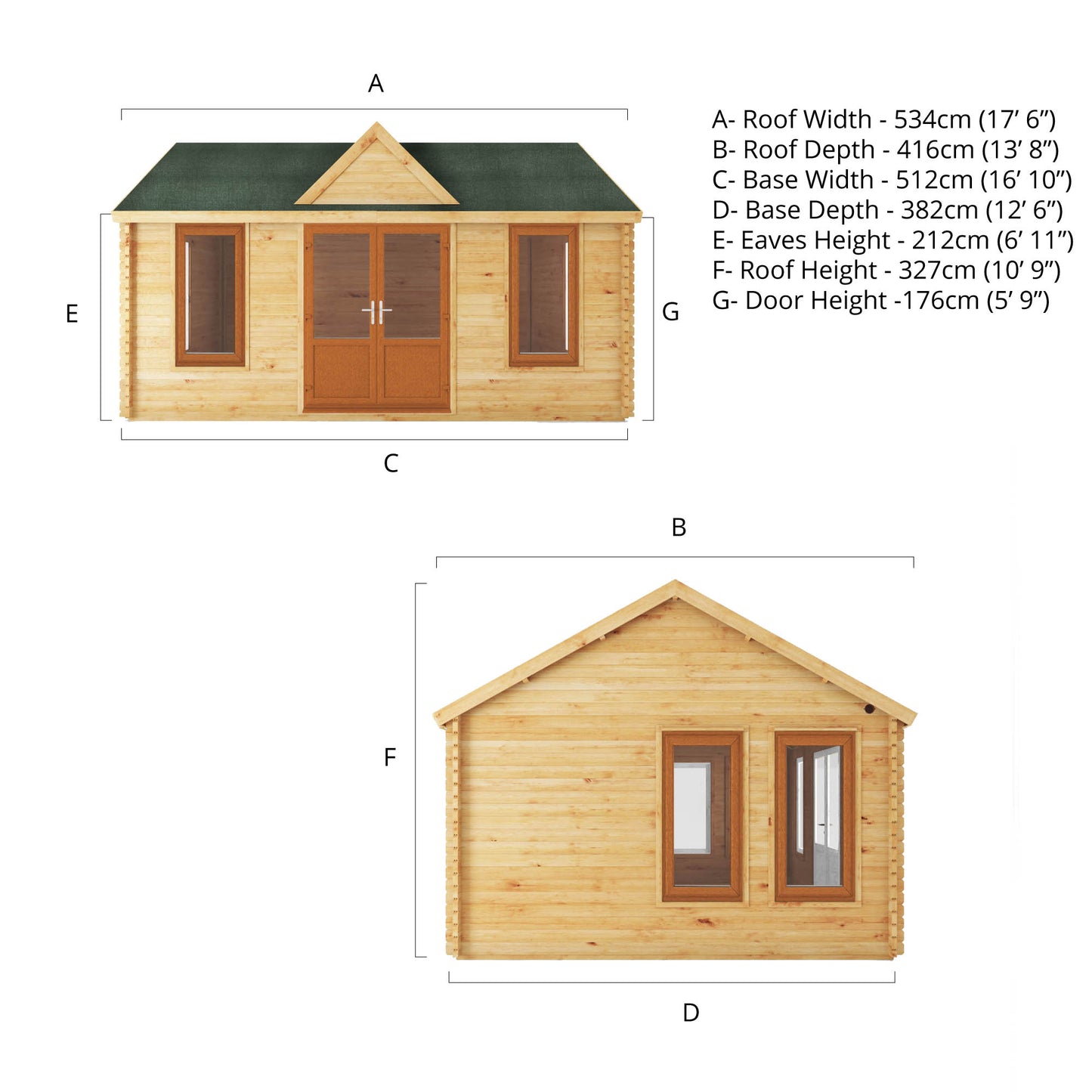 Mercia 5.3m x 4m Clock Tower Log Cabin - 44mm (UPVC Windows & Door) - Oak Log Cabin