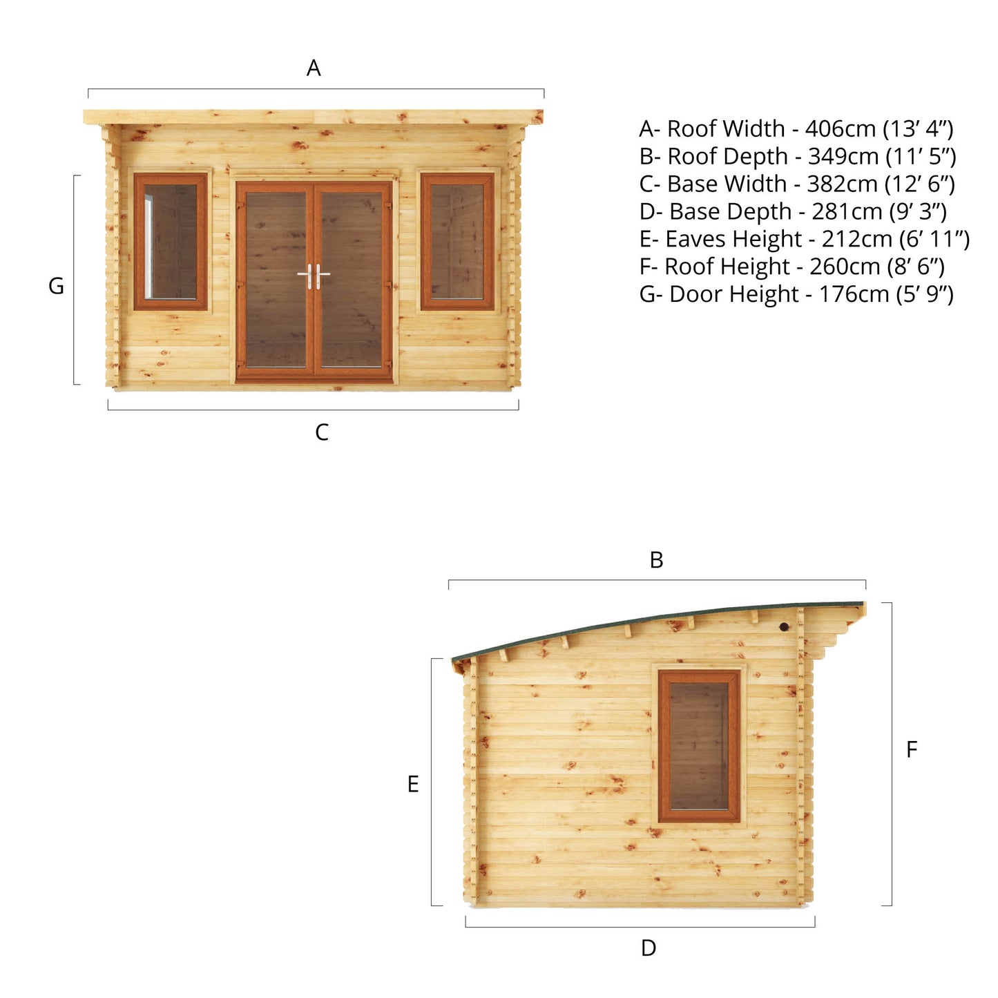 Mercia 4m x 3m Curved Roof Log Cabin - 44mm (UPVC Windows & Door) - Oak Log Cabin