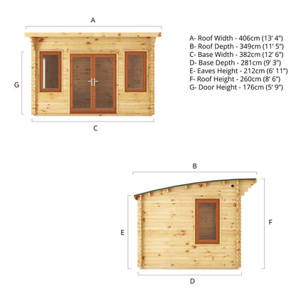 Mercia 4m x 3m Curved Roof Log Cabin - 44mm (UPVC Windows & Door) - Oak Log Cabin