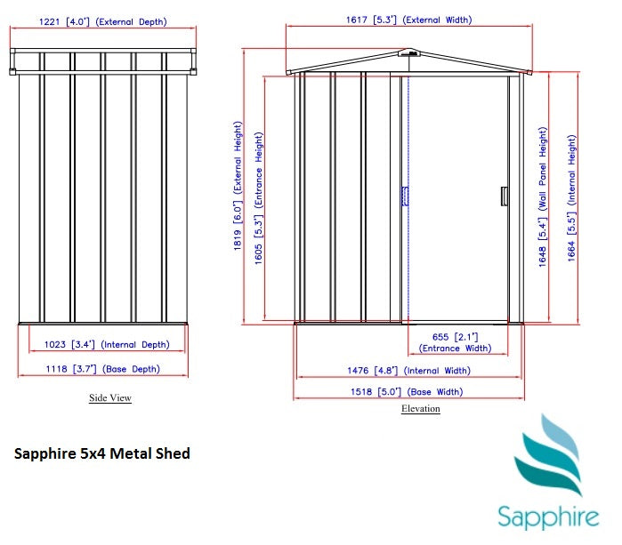 Sapphire 5x4ft Apex Metal Shed - Green