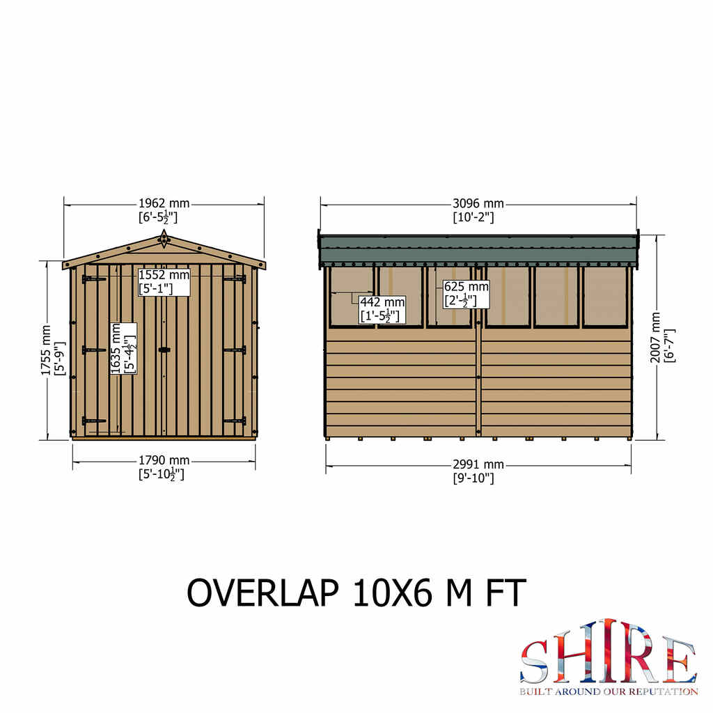 Shire Overlap Double Door 10x6 ft Dip Treated Wooden Garden Shed