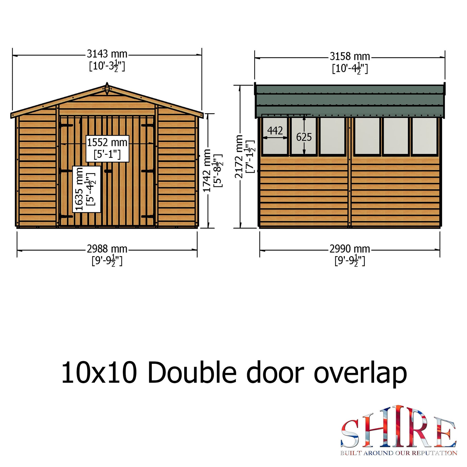 Shire Overlap Double Door 10x10 Dip Treated Wooden Garden Shed