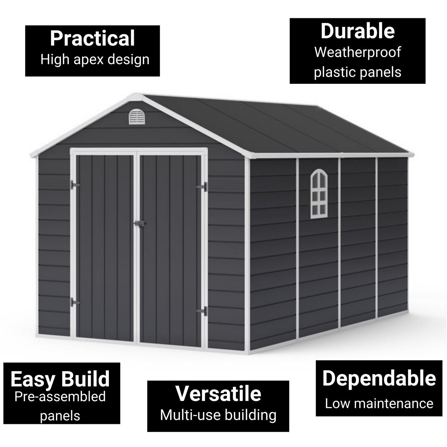 Lotus Sono Apex Plastic Garden Storage Shed Including Foundation Kit Grey - 8 x 12